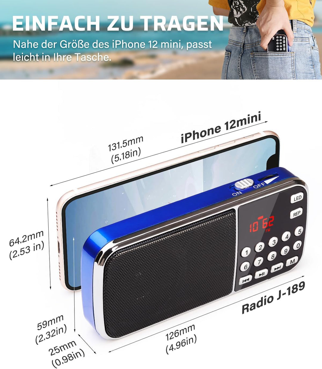 PRUNUS J-189 FM/UKW Kleines Radio mit Bluetooth, Kofferradio mit Heavy Bass Lautsprechern, TF/USB/AU