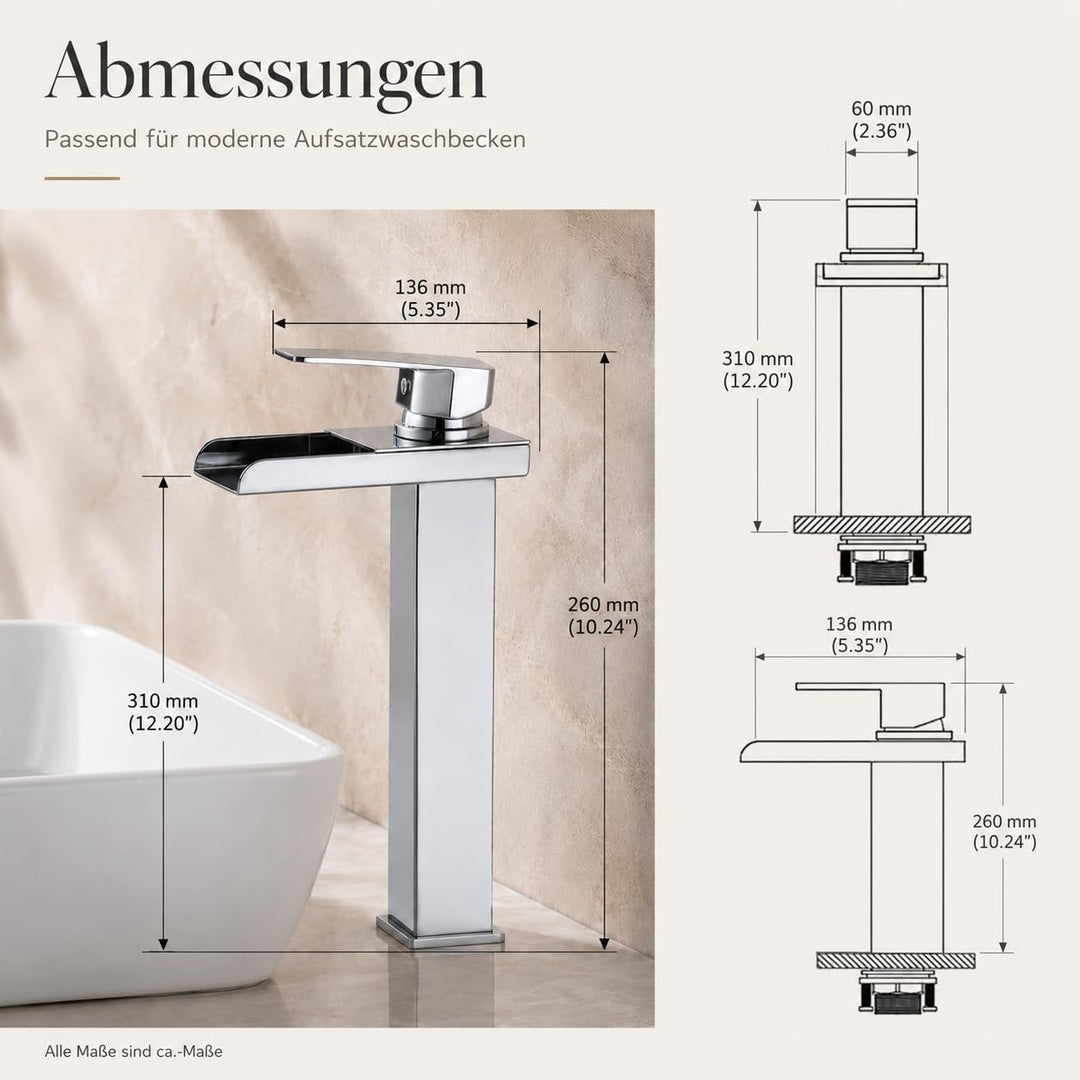 HOMELODY Wasserhahn Bad Wasserfall Waschtischarmatur, Einhandmischer Messing Armatur Badezimmer mit