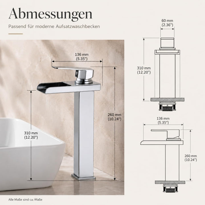 HOMELODY Wasserhahn Bad Wasserfall Waschtischarmatur, Einhandmischer Messing Armatur Badezimmer mit