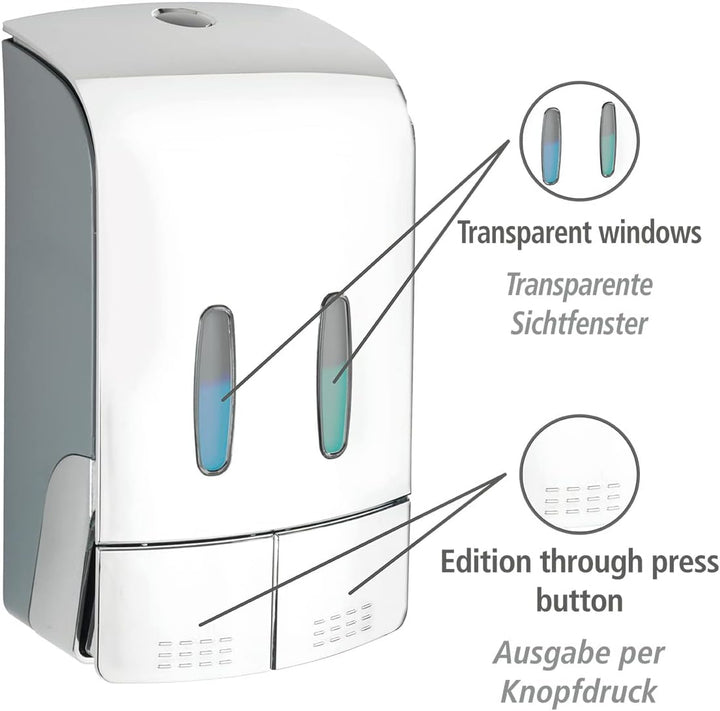 WENKO 2-Kammer Desinfektionsmittel- und Seifenspender Tartas Chrom, hygienischer Wand-Spender für De