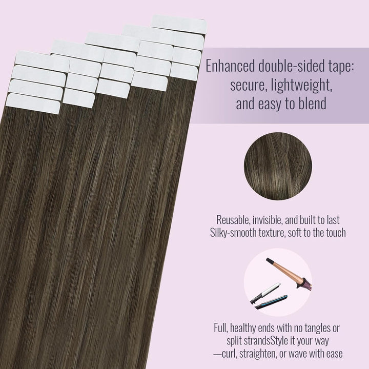 Fshine Echthaar Extensions Tape in Echthaar Balayage Dunkelbraun bis Kastanienbraun 30cm 20 Stücke 3