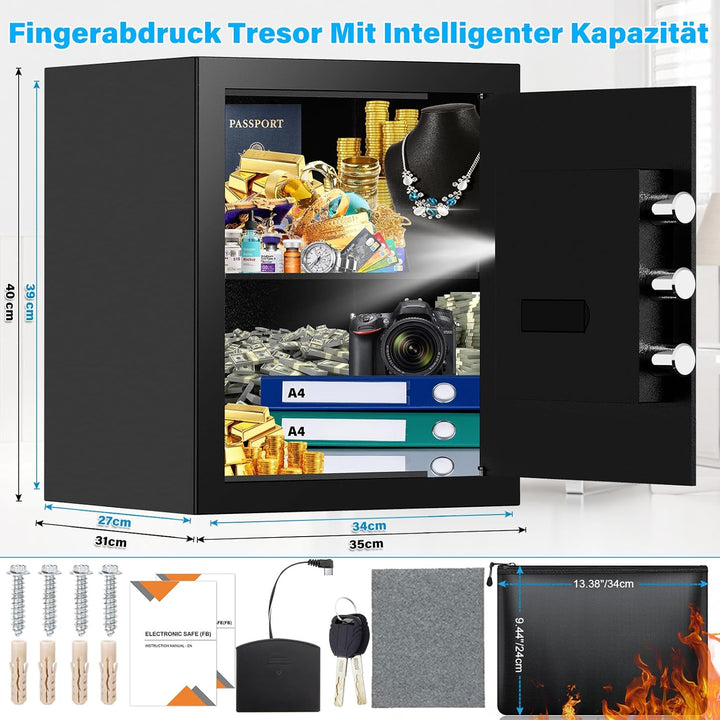 Mejasg 45L Safe Tresor Fingerabdruck mit A4 Feuerfester Tasche, Fingerabdruck Tresor für Zuhause mit