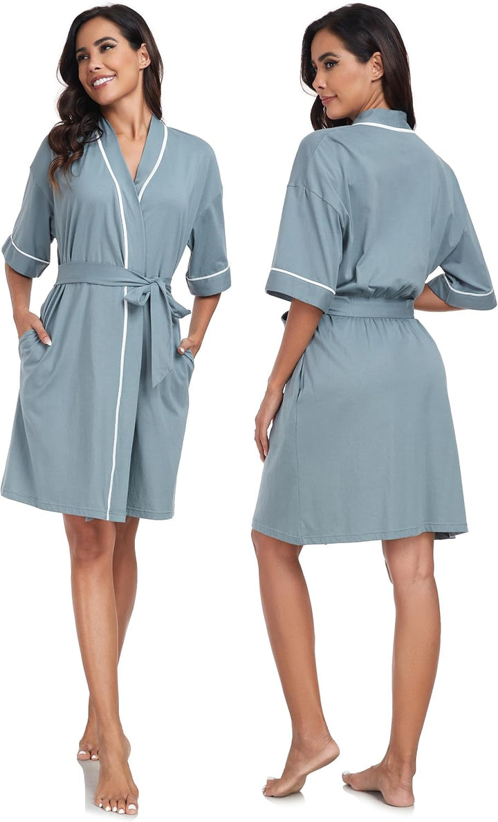 COLORFULLEAF 100% Baumwolle Bademantel Damen Kurz Morgenmantel Leicht Knielang Kimono Saunamantel Na
