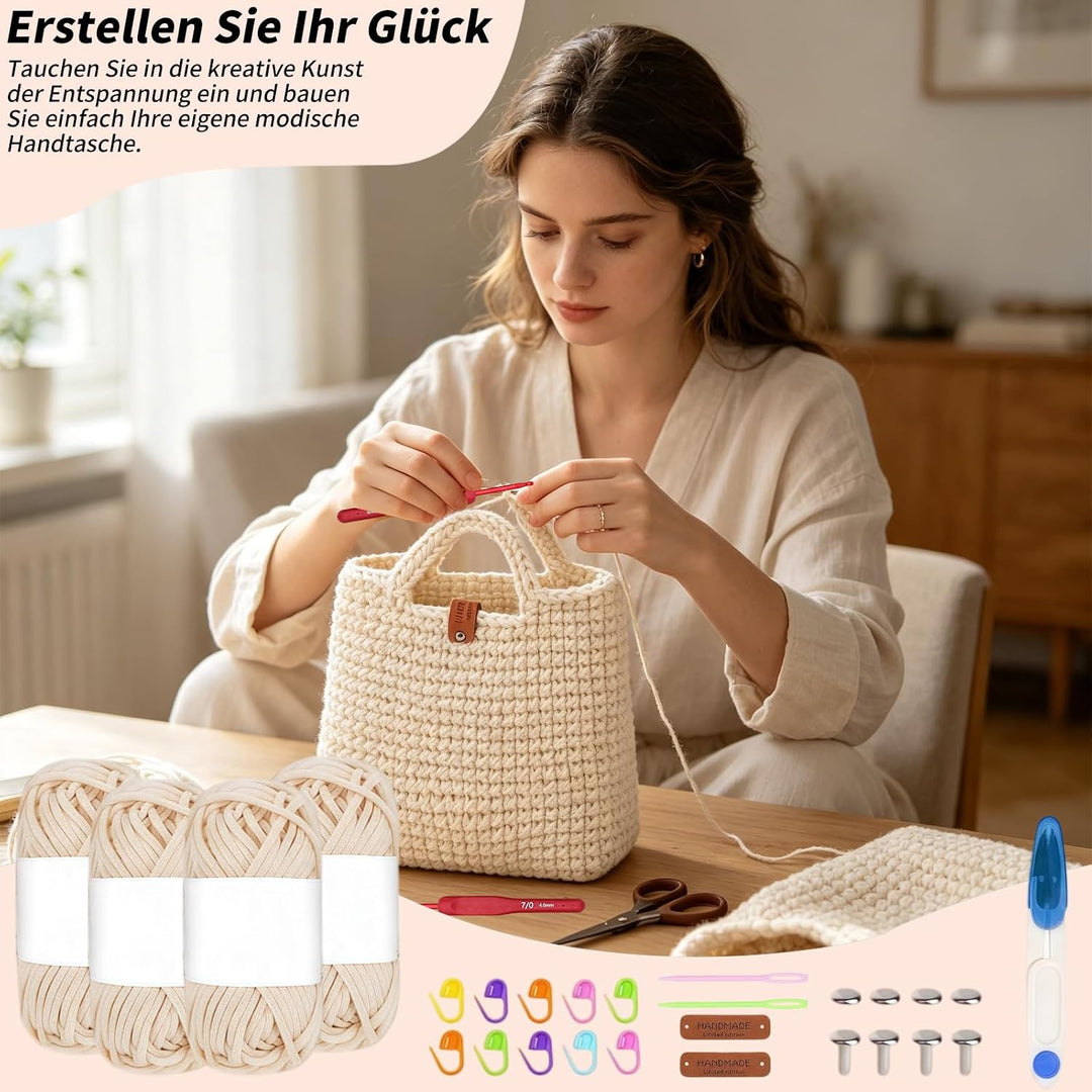 Tasche Häkeln Set, Häkelset Tasche mit Häkelnadel und 4 Knäuel Wolle