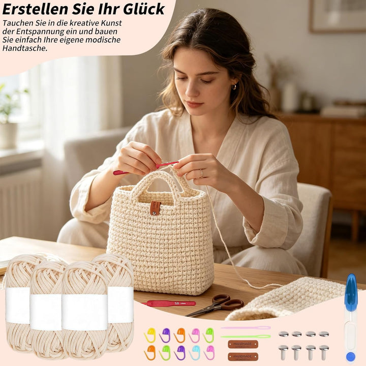 Tasche Häkeln Set, Häkelset Tasche mit Häkelnadel und 4 Knäuel Wolle