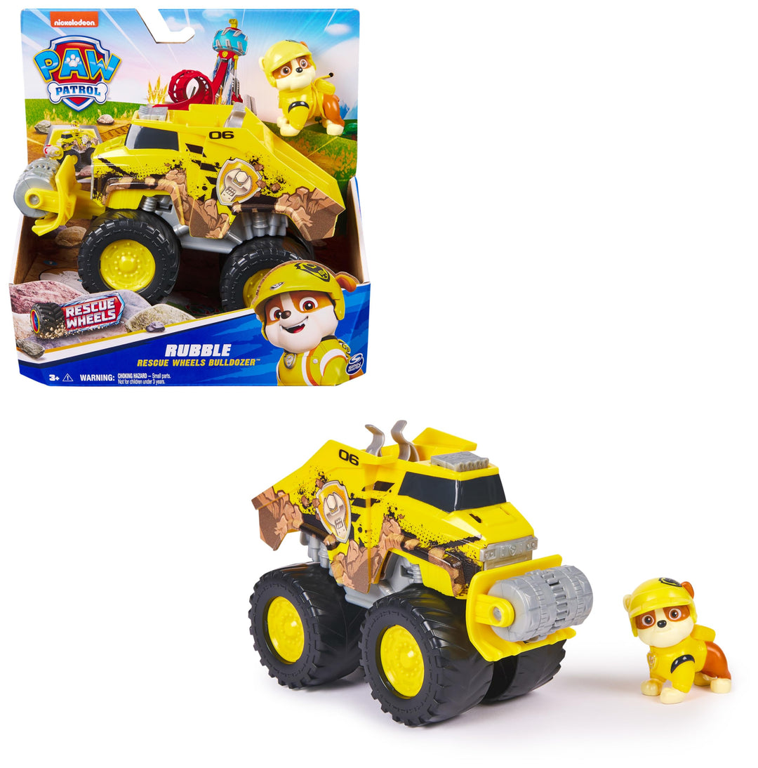 PAW PATROL Rescue Wheels - Rubbles Bulldozer Monstertruck mit Rubble Hundefigur, Spielzeug für Kinde