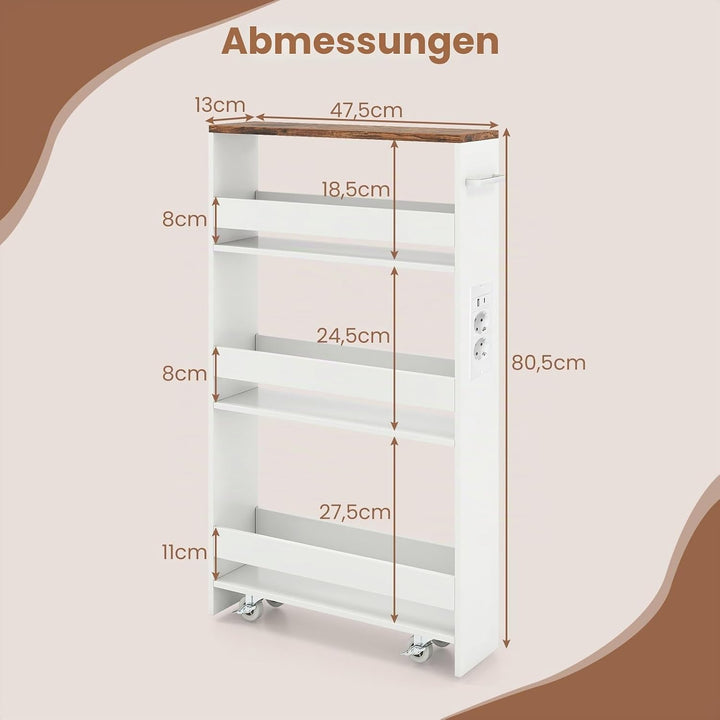 GIANTEX Nischenregal 13cm breit, Nischenschrank Nischenwagen mit Ladestation, Küchenregal auf Rollen