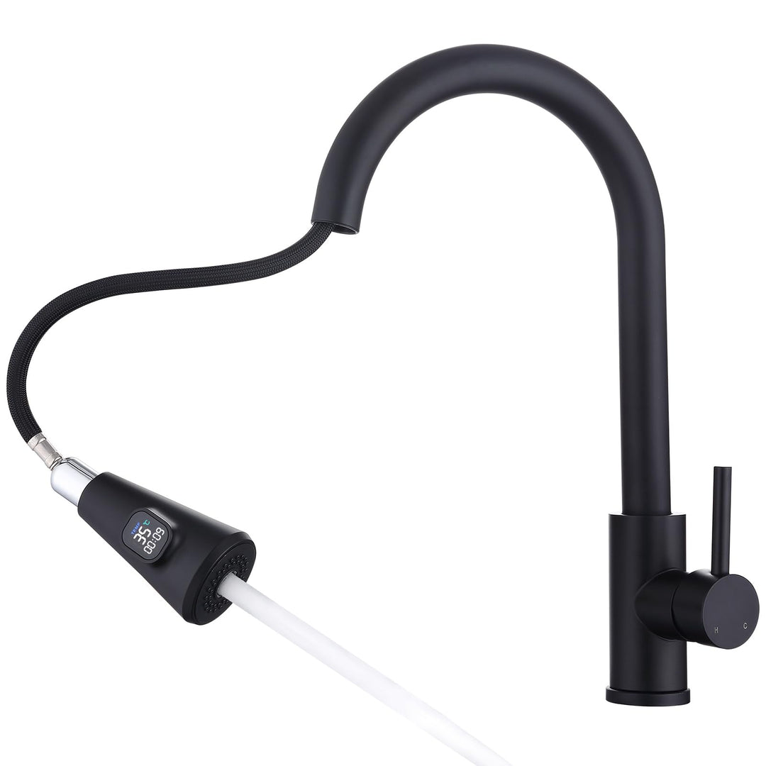 HOMELODY Wasserhahn Küche Schwarz mit LED Temperaturanzeige, Küchenarmatur Ausziehbar, Hochdruck Mis
