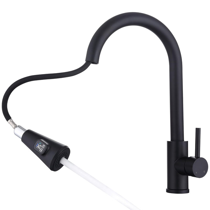 HOMELODY Wasserhahn Küche Schwarz mit LED Temperaturanzeige, Küchenarmatur Ausziehbar, Hochdruck Mis