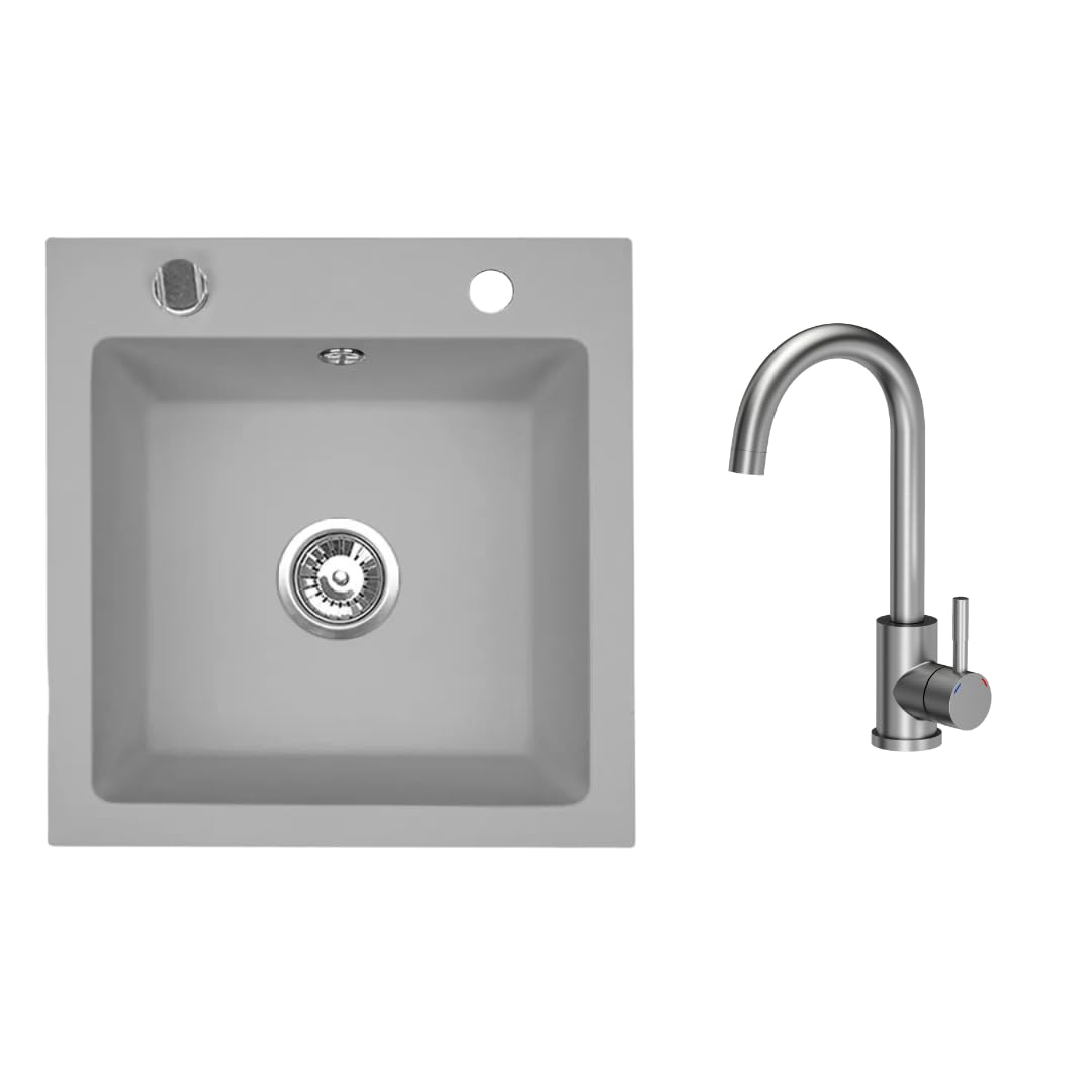 VBChome Granitspüle 50 x 48 cm Grau mit Armatur Einzelbecken Einbauspüle Gesprenkelt Pflegeleichtes