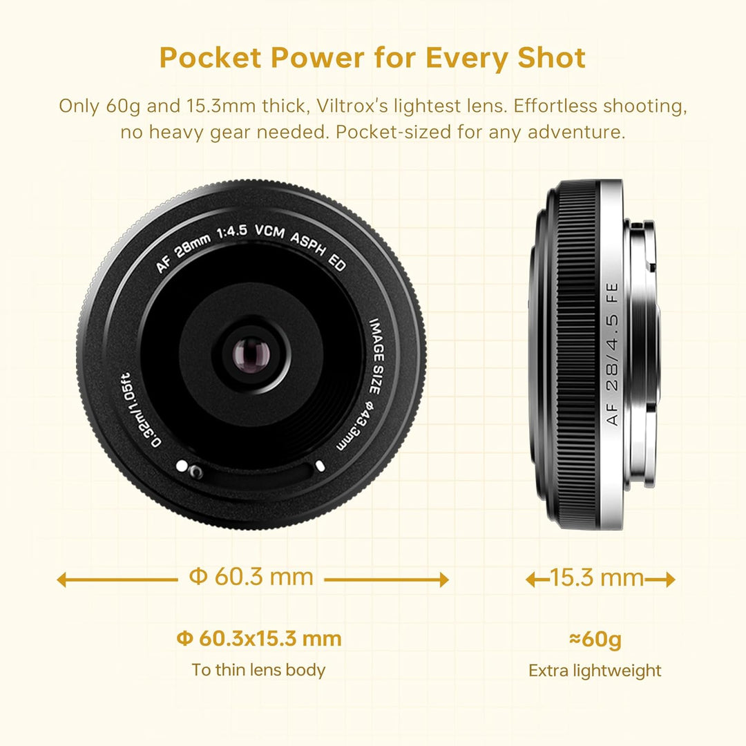 VILTROX 28mm f/4.5 F4.5 Pancake Objektiv für Sony E, Autofokus-Chips Vollformat-Weitwinkel Objektiv