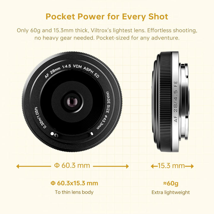 VILTROX 28mm f/4.5 F4.5 Pancake Objektiv für Sony E, Autofokus-Chips Vollformat-Weitwinkel Objektiv