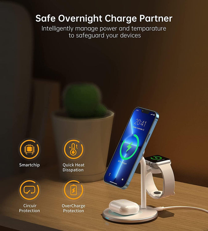 3 in 1 Kabellos Ladestation,Induktive Ladestation,15W Wireless Charger Kompatibel mit Mag Safe Ladeg