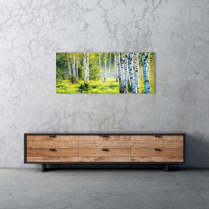 Glasbild Wald Natur Landschaft Birkenwald 125x50 cm Modern Glasbilder Wohnzimmer Schlafzimmer Badezi