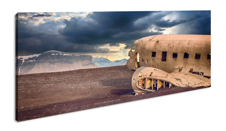 abgestürztes Flugzeug Panorama 120x60 cm als Leinwandbild, Motiv fertig gerahmt auf Echtholzrahmen,