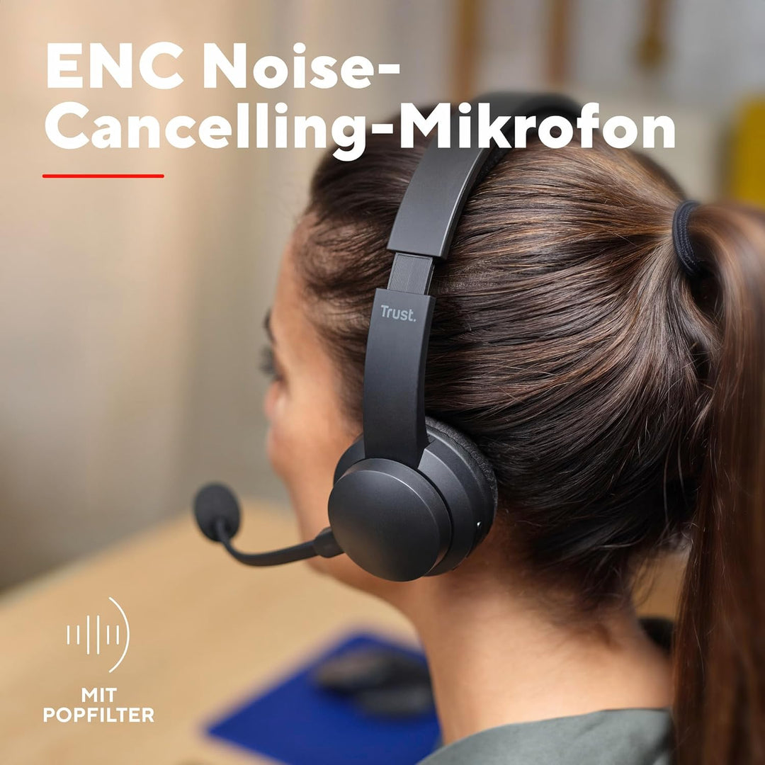 Trust Roha II Kopfhörer Kabellos Bluetooth mit Dual ENC Mikrofon, 85% Recyclingkunststoff, Aufladbar