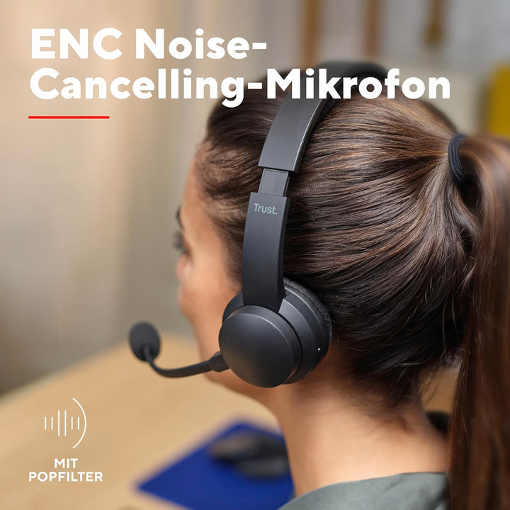 Trust Roha II Kopfhörer Kabellos Bluetooth mit Dual ENC Mikrofon, 85% Recyclingkunststoff, Aufladbar