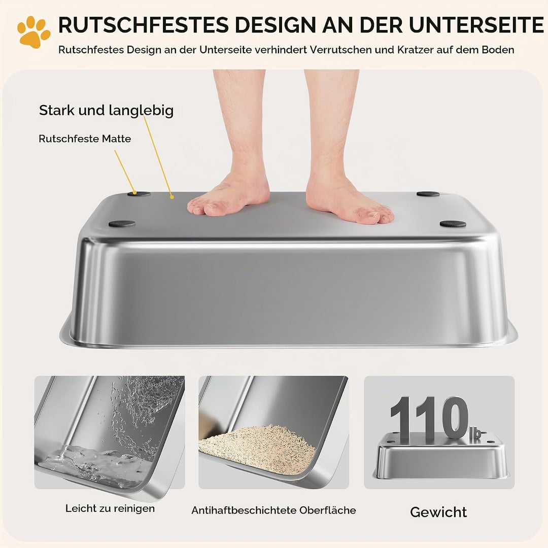 YITAHOME Edelstahl-Katzentoilette mit Deckel, XXL Extra Grosses Katzenklo mit Schaufel – Rutschfeste