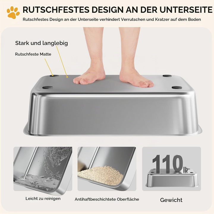 YITAHOME Edelstahl-Katzentoilette mit Deckel, XXL Extra Grosses Katzenklo mit Schaufel – Rutschfeste