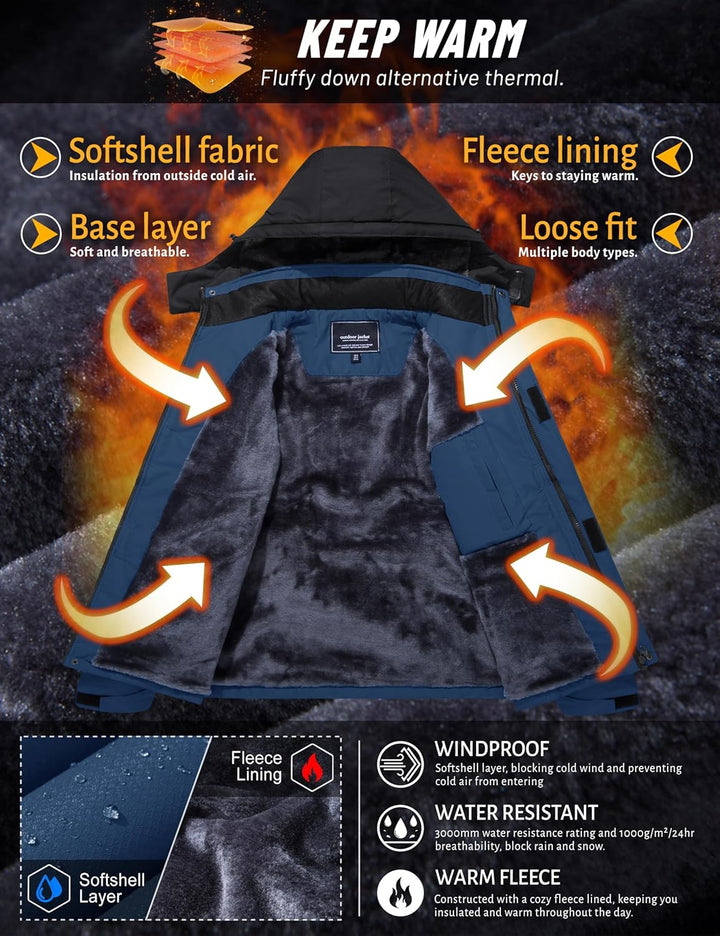 TACVASEN Herren Winter Wasserdichte Winddichte Winterjacke Warme Fleece-Futter Ski Regenmantel mit K