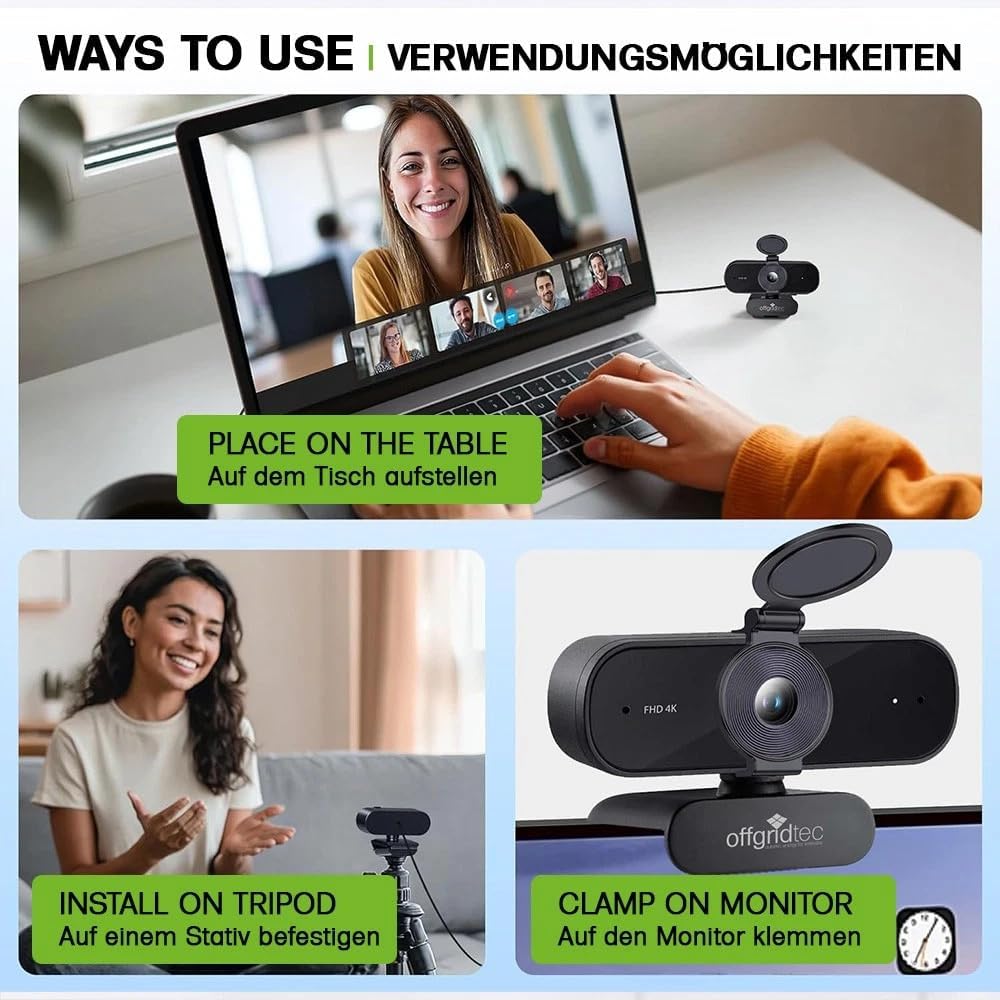 Offgridtec UHD 4K Webcam mit Mikrofon &amp; Objektivabdeckung | Autofokus | Dual-Mikrofon | Automatische