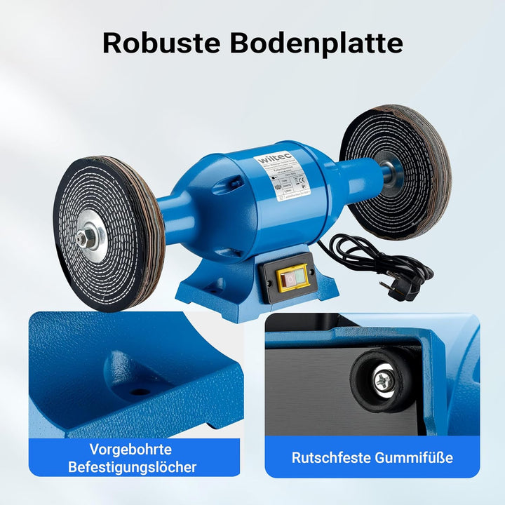 Wiltec Poliermaschine 750W mit 2 Polierscheiben Ø 200mm, 2950 U/min, Doppelschleifer mit robustem Ge
