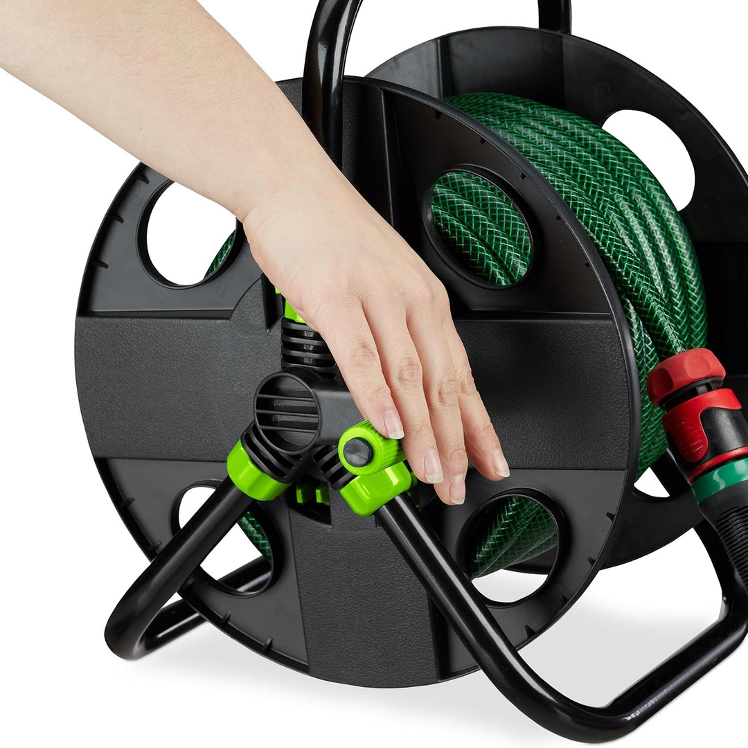 Relaxdays Schlauchtrommel, für 30 m 1/2" Schlauch, Stahl, Kunststoff, Schlauchhalter, HBT: 38 x 42 x