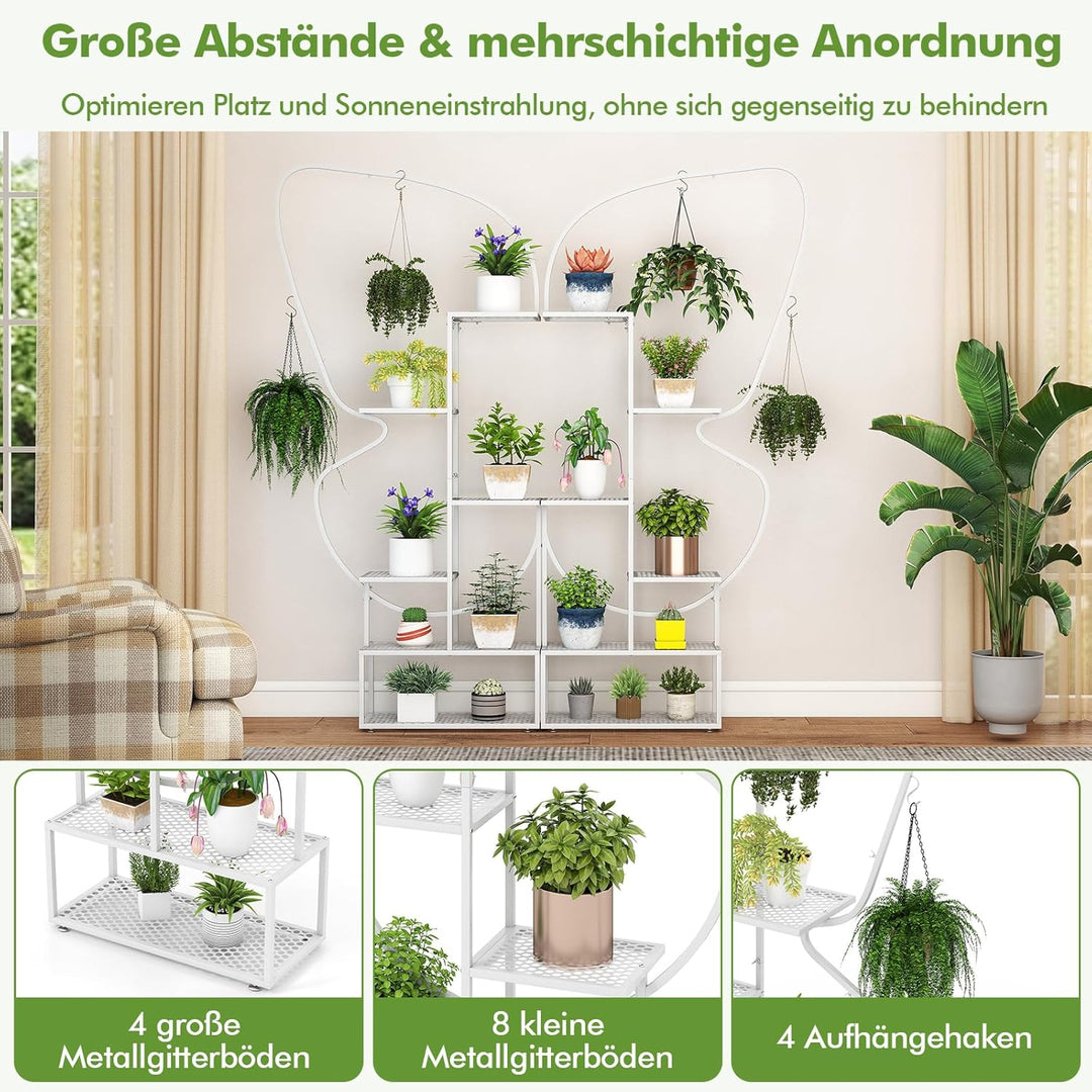 RELAX4LIFE 6-stufiger Pflanzenständer, Schmetterlingsförmiges Metallregal mit 12 Regalböden, 4 Haken