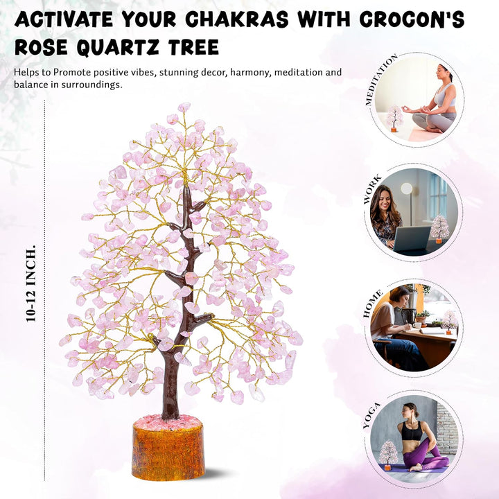 Crocon Rose Quartz Gemstone Tree Feng Shui Figurine Money Bonsai Good Luck Chakra Balancing Reiki He