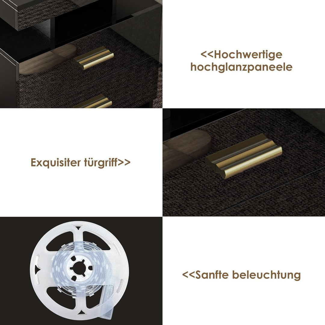 PIPIPOXER Nachttisch Schwarz 2er Set, Nachttisch mit LED, Nachtschrank mit Steckdose und Ladefunktio