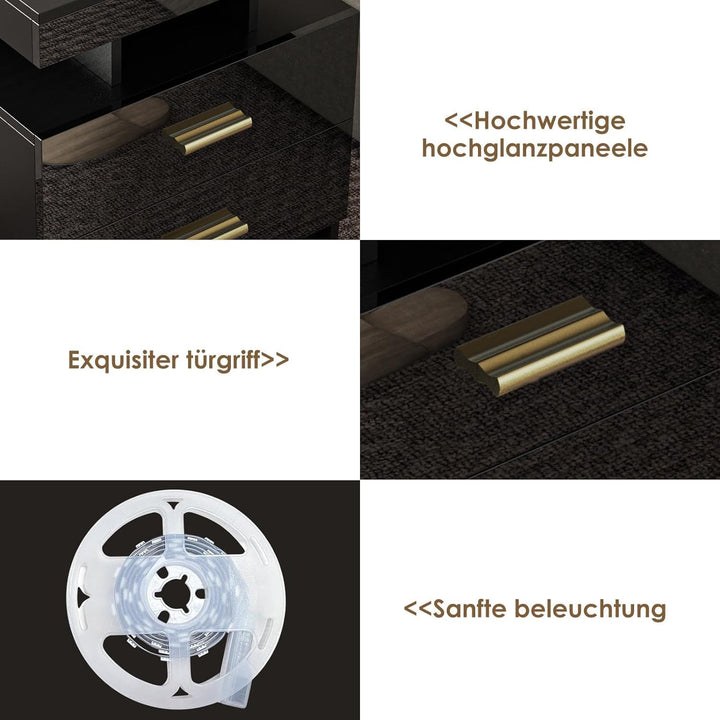 PIPIPOXER Nachttisch Schwarz 2er Set, Nachttisch mit LED, Nachtschrank mit Steckdose und Ladefunktio