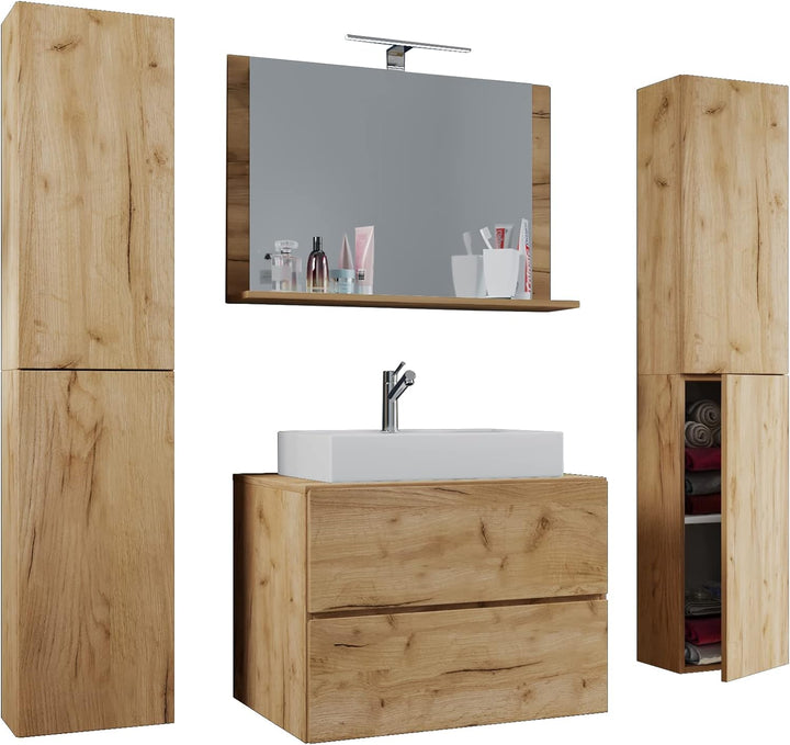 VCM 5-TLG. Waschplatz Waschtisch Badmöbel Set Waschbecken Lendas XL Schublade 80, Honig-Eiche, Honig