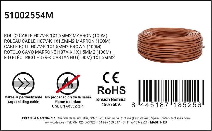 Cofan 51002554M H07V-K Kabelrolle, braun, 1 x 1.5 mm, 100 m 1 x 1.5 mm, 100 m Braun, 1 x 1.5 mm, 100