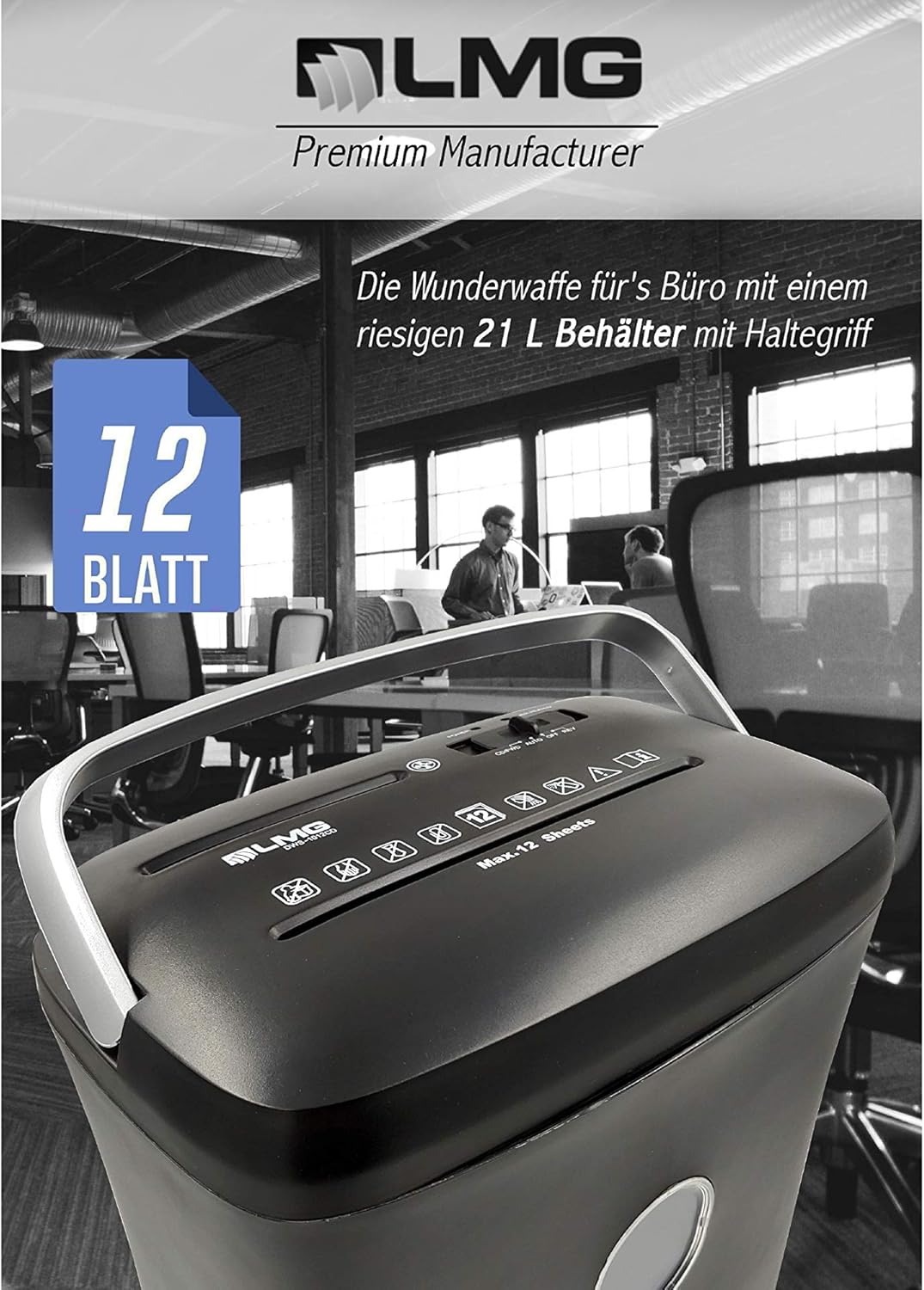 Aktenvernichter Kreuzschnitt - 12 Blatt mit riesen 21L Behälter - Sehr schneller Premium Hochsicherh