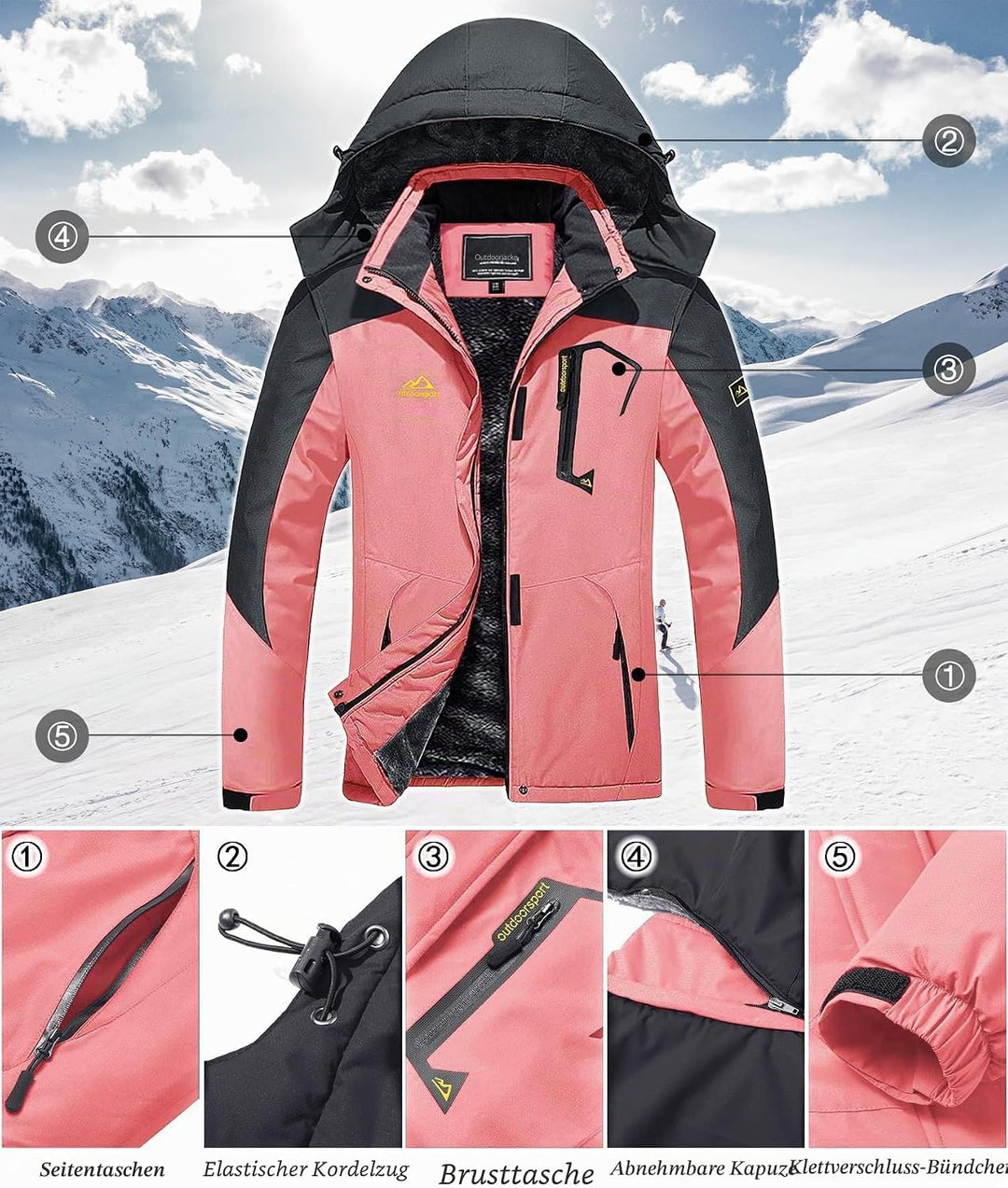 TACVASEN Damen Übergangsjacke Warm Winterjacke Gefüttert Wanderjacke Ski Jacket mit Wasserdichtem Re