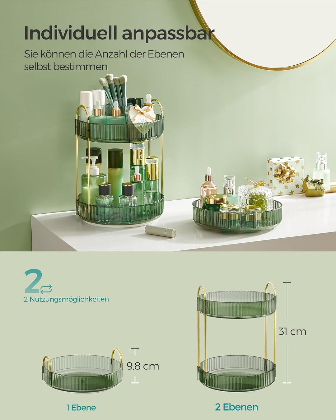 SONGMICS Make-up Organizer drehbar, Kosmetik-Organizer rund, 2 Ebenen, Kosmetik Aufbewahrung, anpass