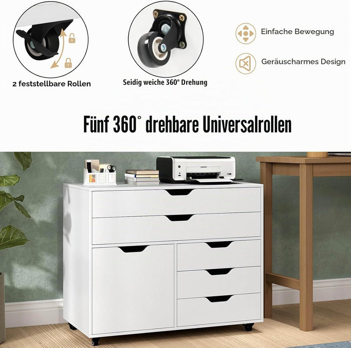 KOMFOTTEU Aktenschrank mit Rollen, Bürocontainer mit 5 Schubladen &amp; 1 Schrank, Rollcontainer Schubla