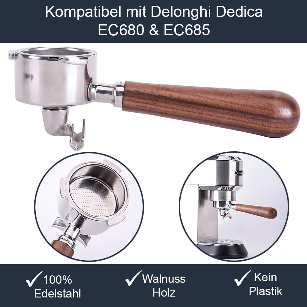 Siebträger 51mm für Delonghi Dedica EC680, EC685 & EC885 - Siebträger mit doppel Auslauf aus Walnuss