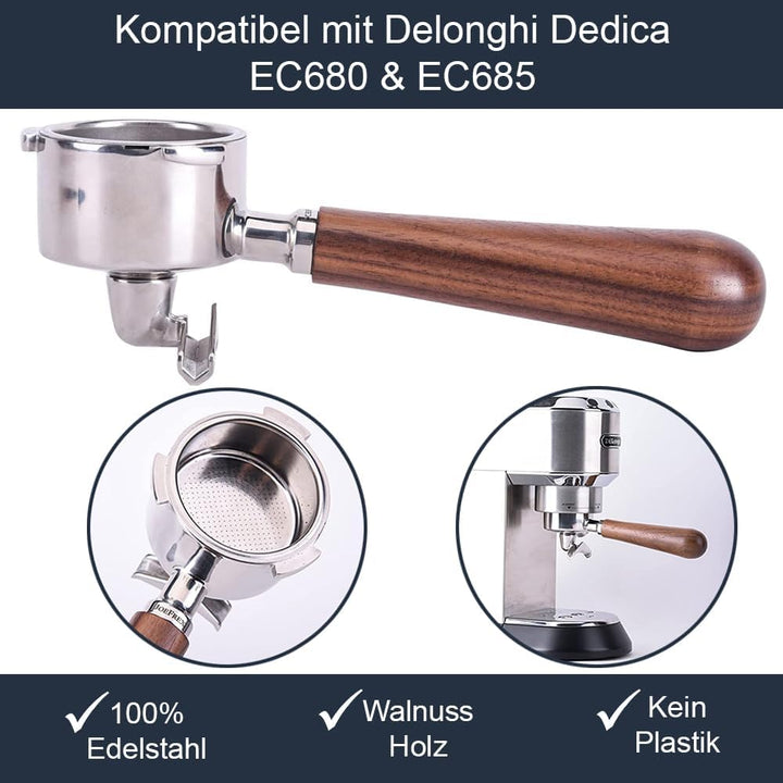 Siebträger 51mm für Delonghi Dedica EC680, EC685 & EC885 - Siebträger mit doppel Auslauf aus Walnuss
