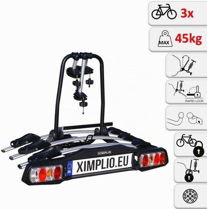 Fahrradträger für 3 Räder für Anhängerkupplung AHK - abklappbar Kupplungsträger mit Schnellkupplung