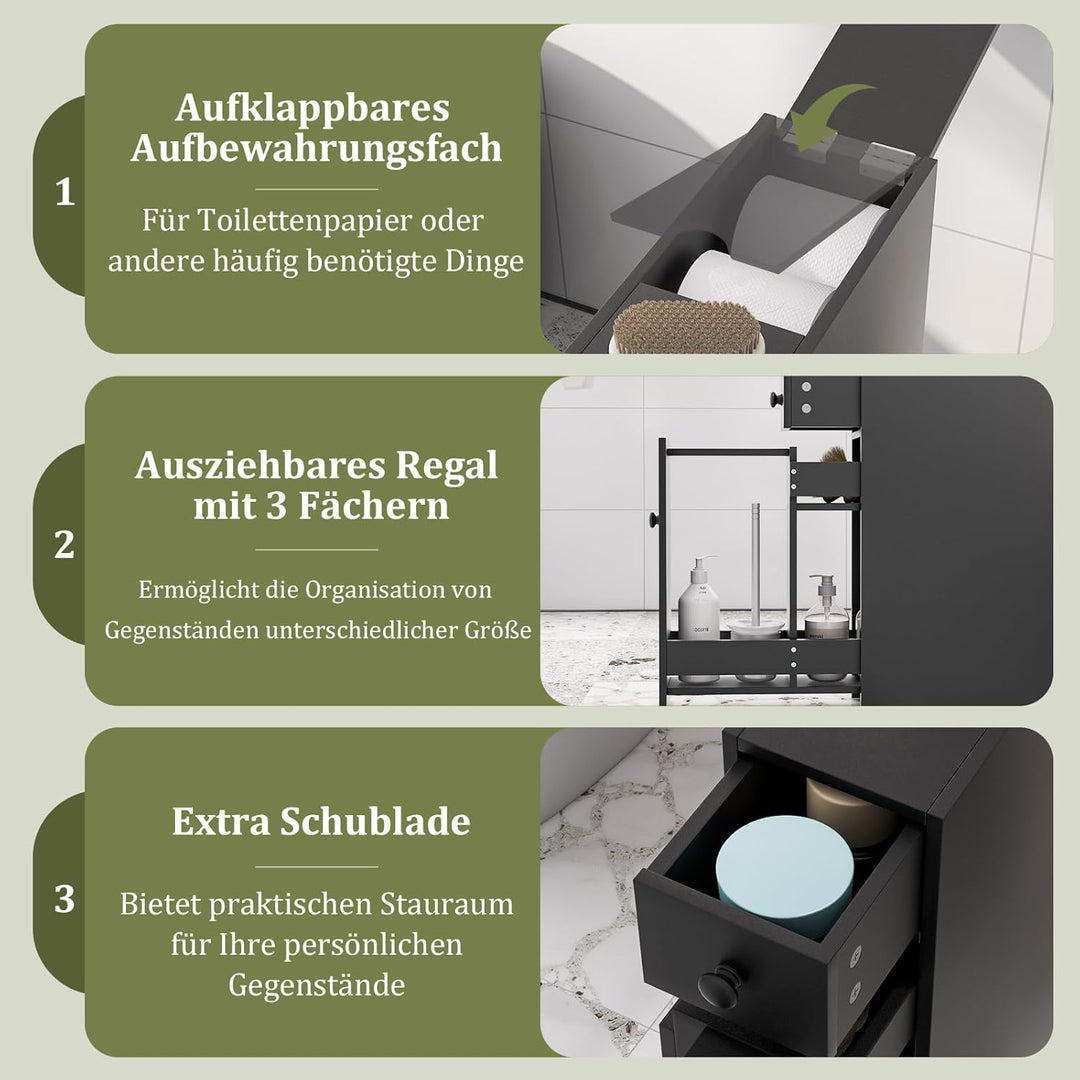 COSTWAY Nischenregal mit Schubladen, schmaler Nischenschrank aus Holz, Badschrank, Badregal, Seitens