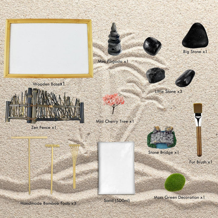 Artcome Japanese Zen Sand Garden for Desk with Rake, Stand, Rocks and Mini Furnishing Articles - Off