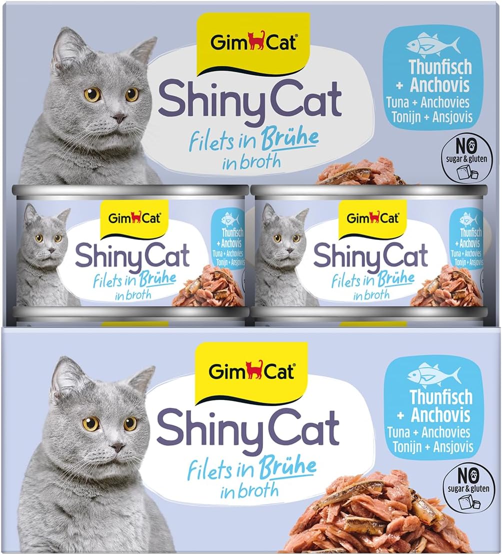 GimCat ShinyCat Filet in Brühe Thunfisch mit Anchovis - Nassfutter mit Fisch - 24 Dosen (24 x 70 g)