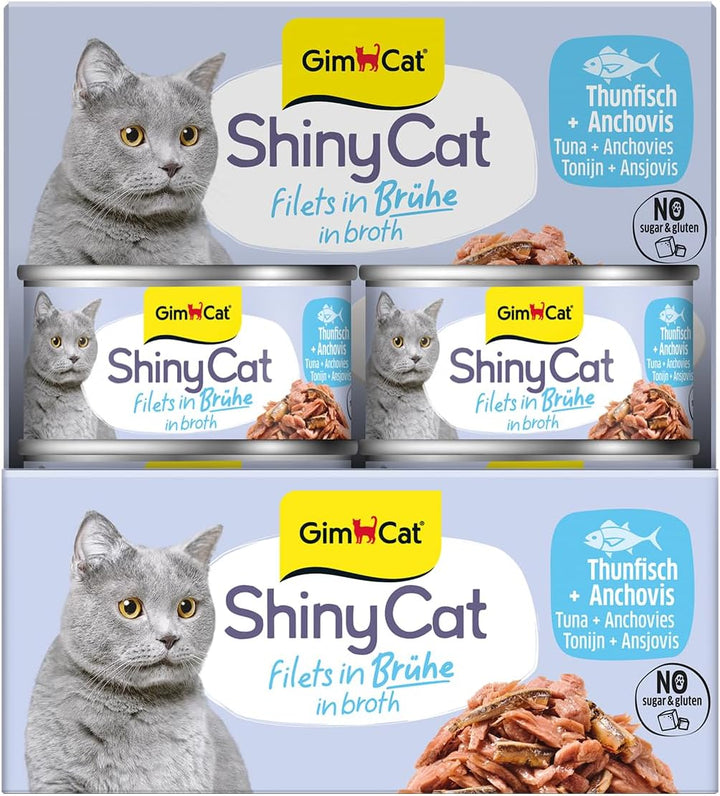 GimCat ShinyCat Filet in Brühe Thunfisch mit Anchovis - Nassfutter mit Fisch - 24 Dosen (24 x 70 g)