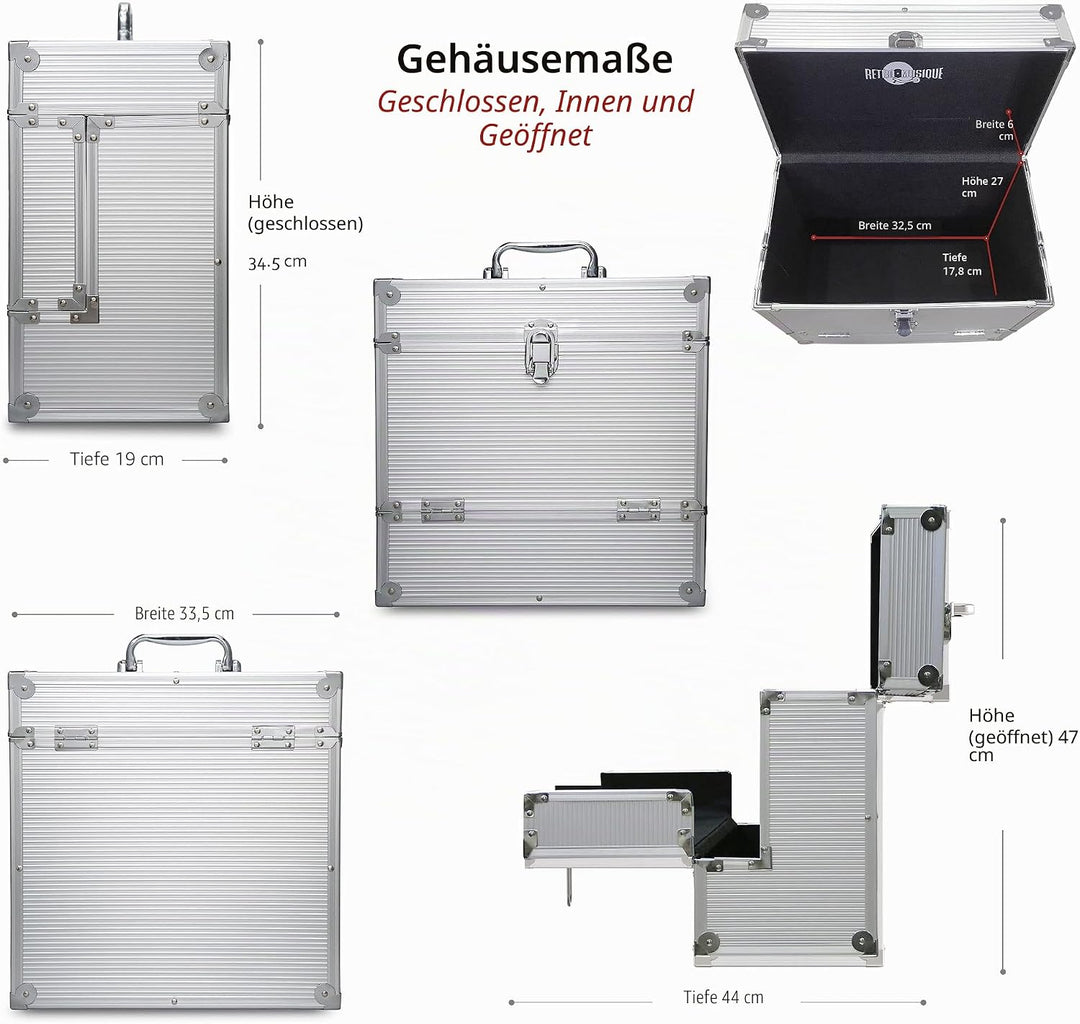 Retro Musique 12"-Aluminium-Schallplattenkoffer mit einzigartiger, aufklappbarer Frontklappe für bes