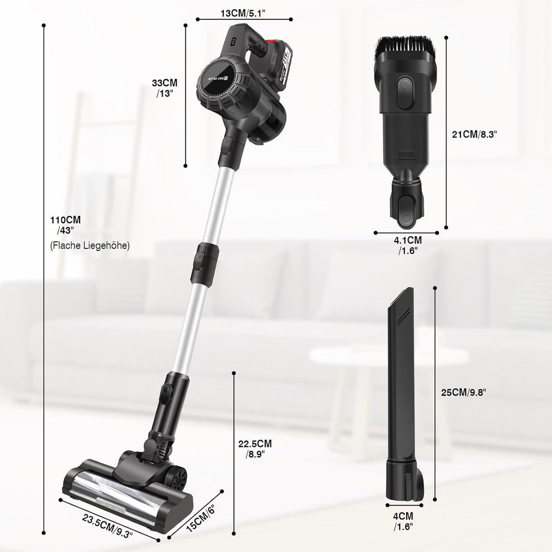 Akku Staubsauger，35000Pa/450W Staubsauger Kabellos，Kabellos Freistehend mit 2*3000mAh Herausnehmbare