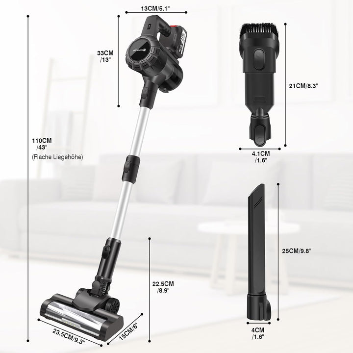 Akku Staubsauger，35000Pa/450W Staubsauger Kabellos，Kabellos Freistehend mit 2*3000mAh Herausnehmbare