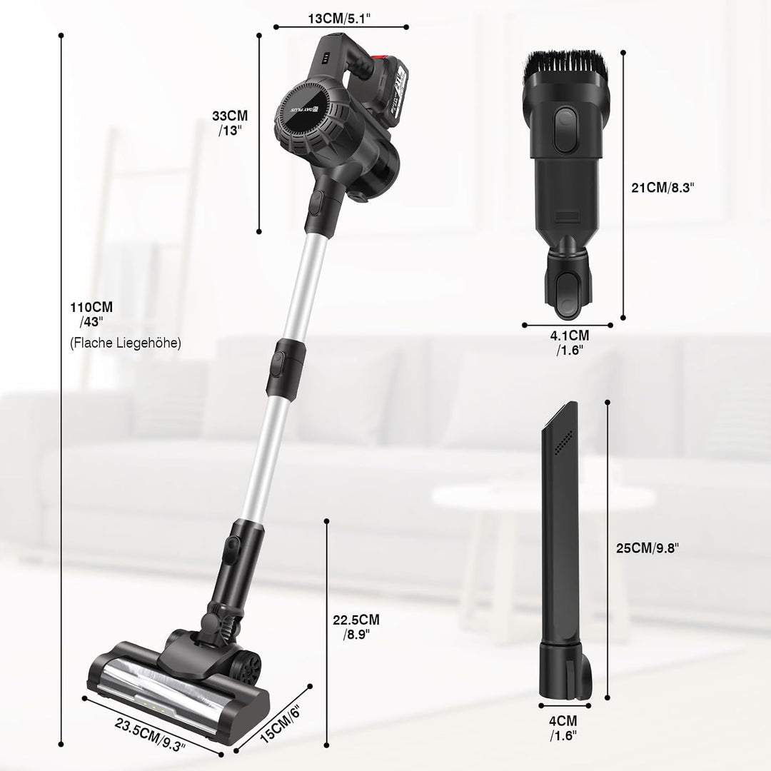 21V, Kabelloser Staubsauger 140W/20KPa Vacuum Cleaner Handstaubsauger Akku, 2 Saugmodi, LED Bodenbür