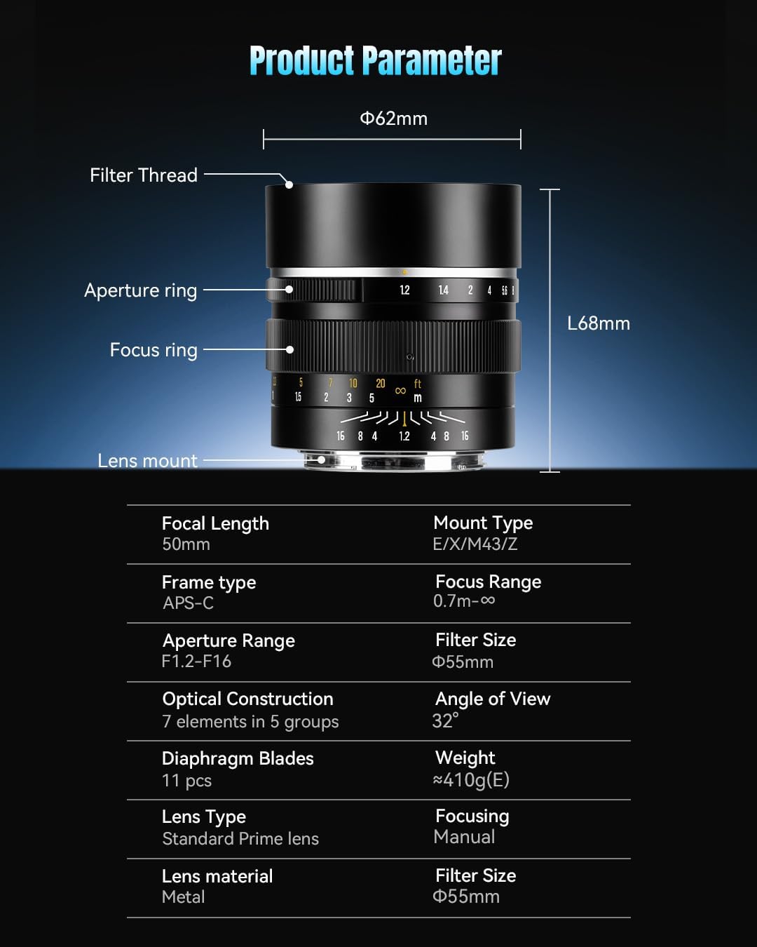 7artisans 50 mm F1.2 APS-C Kameraobjektiv mit manuellem Fokus Grosse Blende kompatibel mit Fujifilm