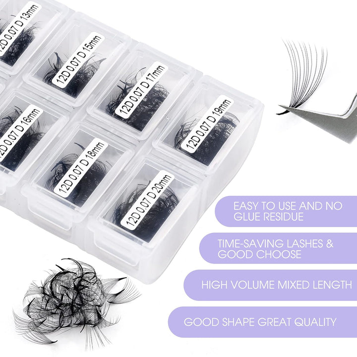 12D Gefächerte Volumen Wimpern 1200 Pcs Fertig Fächer Wimpernverlängerung C Curl 0.07mm 9-20mm Mixed